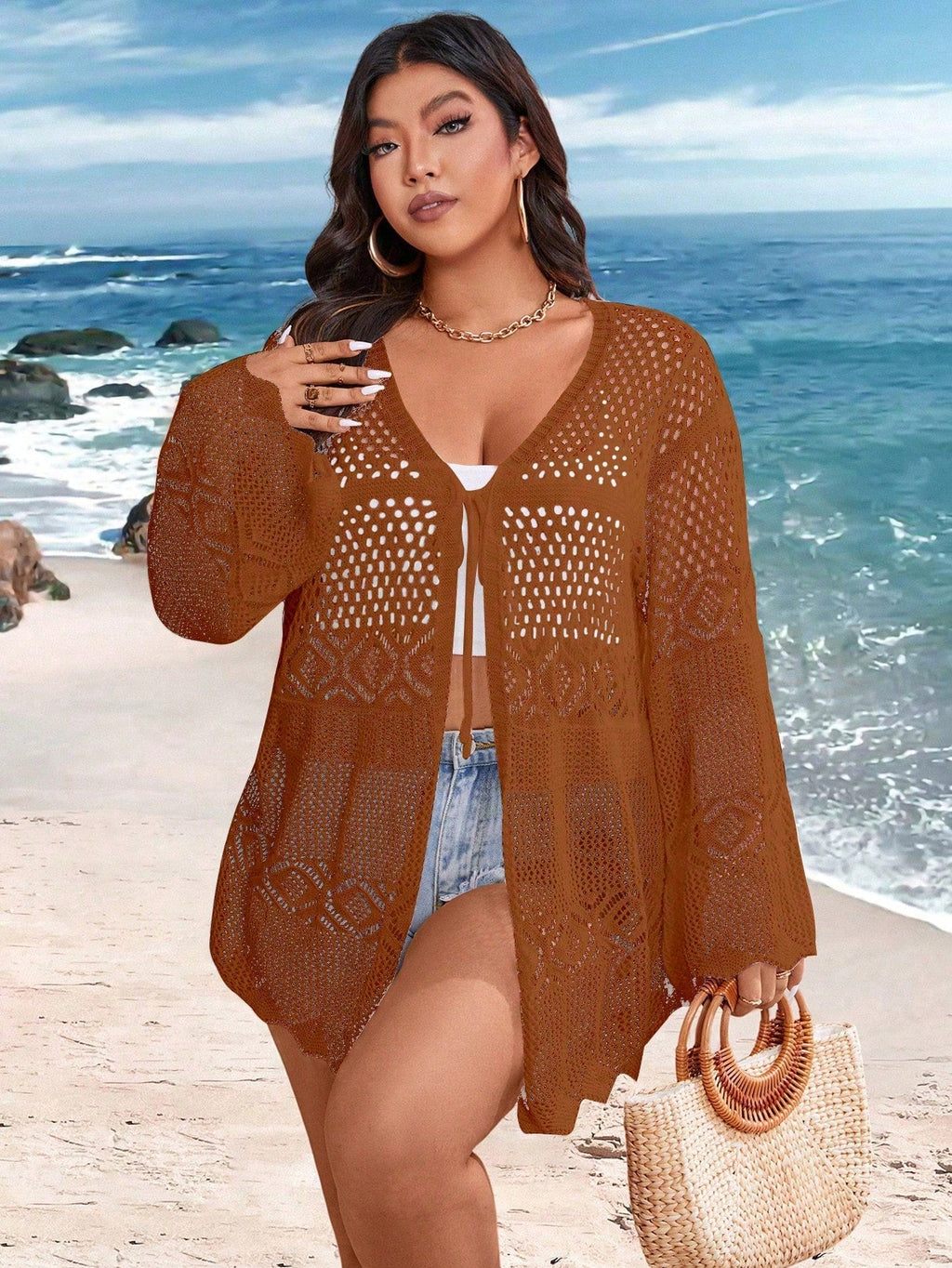 Cardigan Feminina de Praia Vazada com Amarração Frontal - Liana