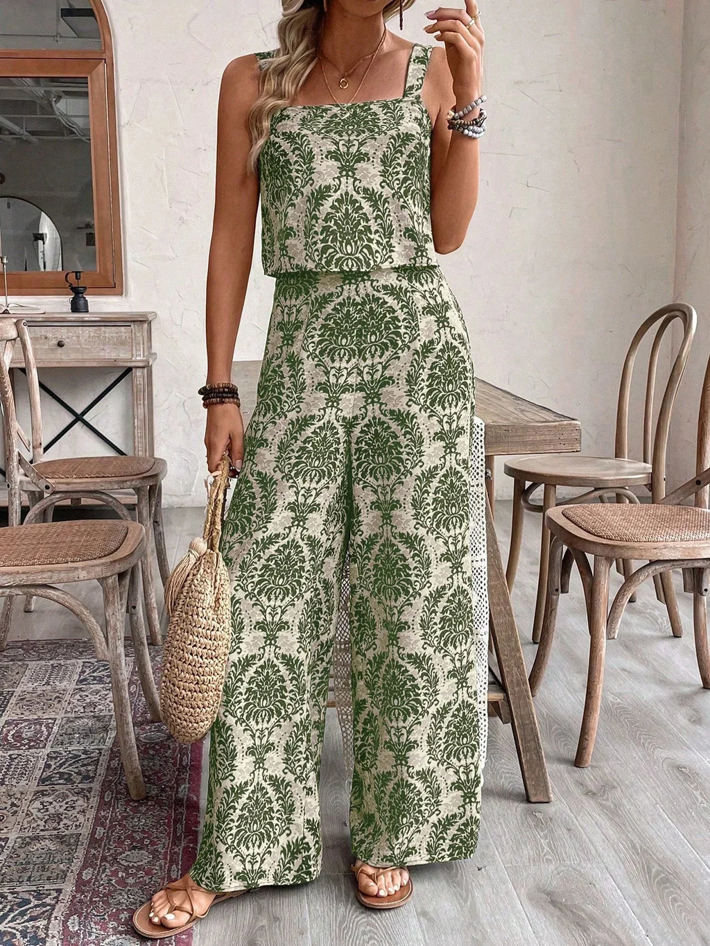 Conjunto Feminino Regata e Calça Soltinho Estampado Retrô