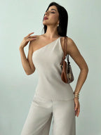 Conjunto Alfaiataria Feminino Blusa Assimétrica e Calça Pantalona