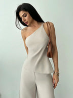 Conjunto Alfaiataria Feminino Blusa Assimétrica e Calça Pantalona