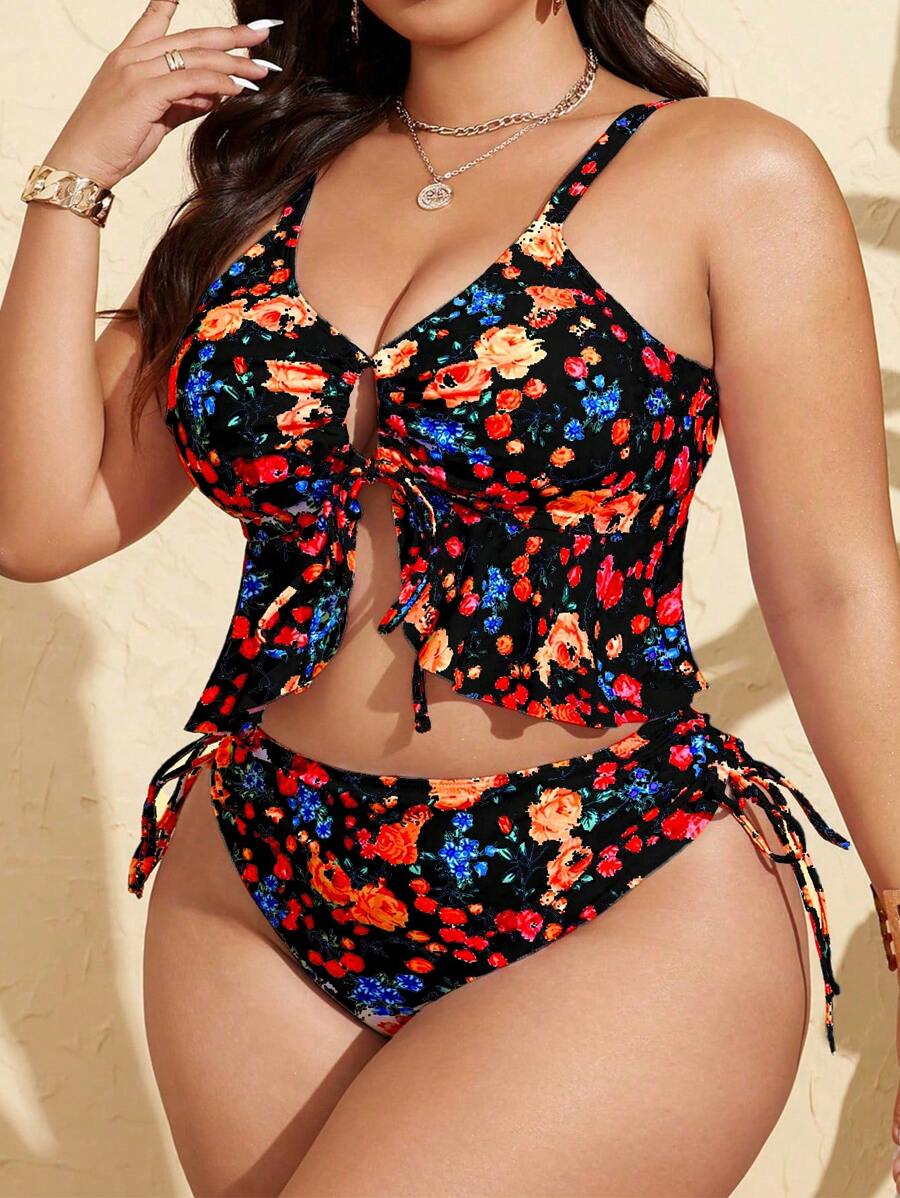 Tankini Feminino com Babado no Busto, Amarração Lateral, Fenda