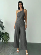 Conjunto Alfaiataria Feminino Blusa Assimétrica e Calça Pantalona