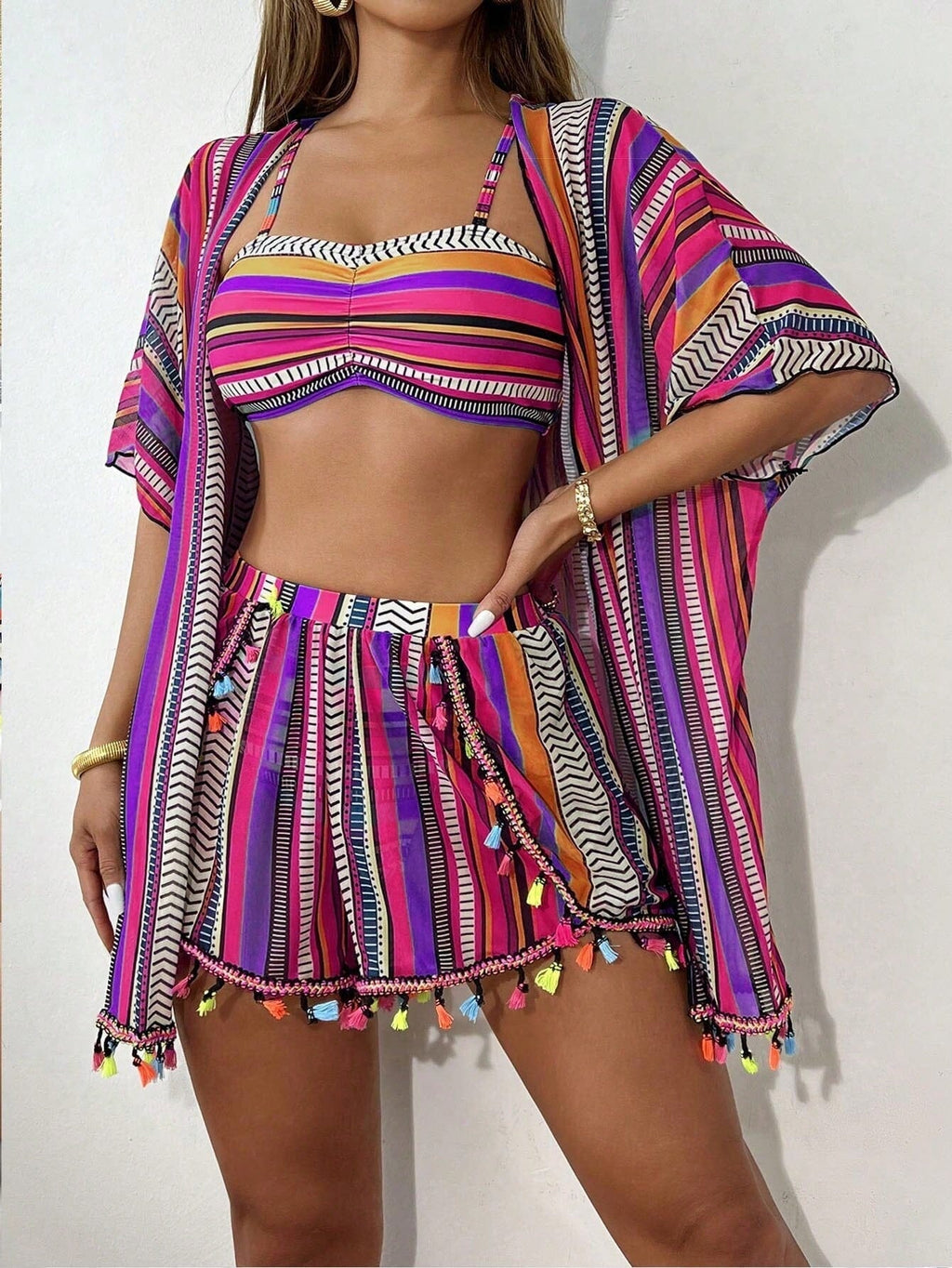 Conjunto Praia 4 Peças com Kimono – Estampa Geométrica Verão 2026